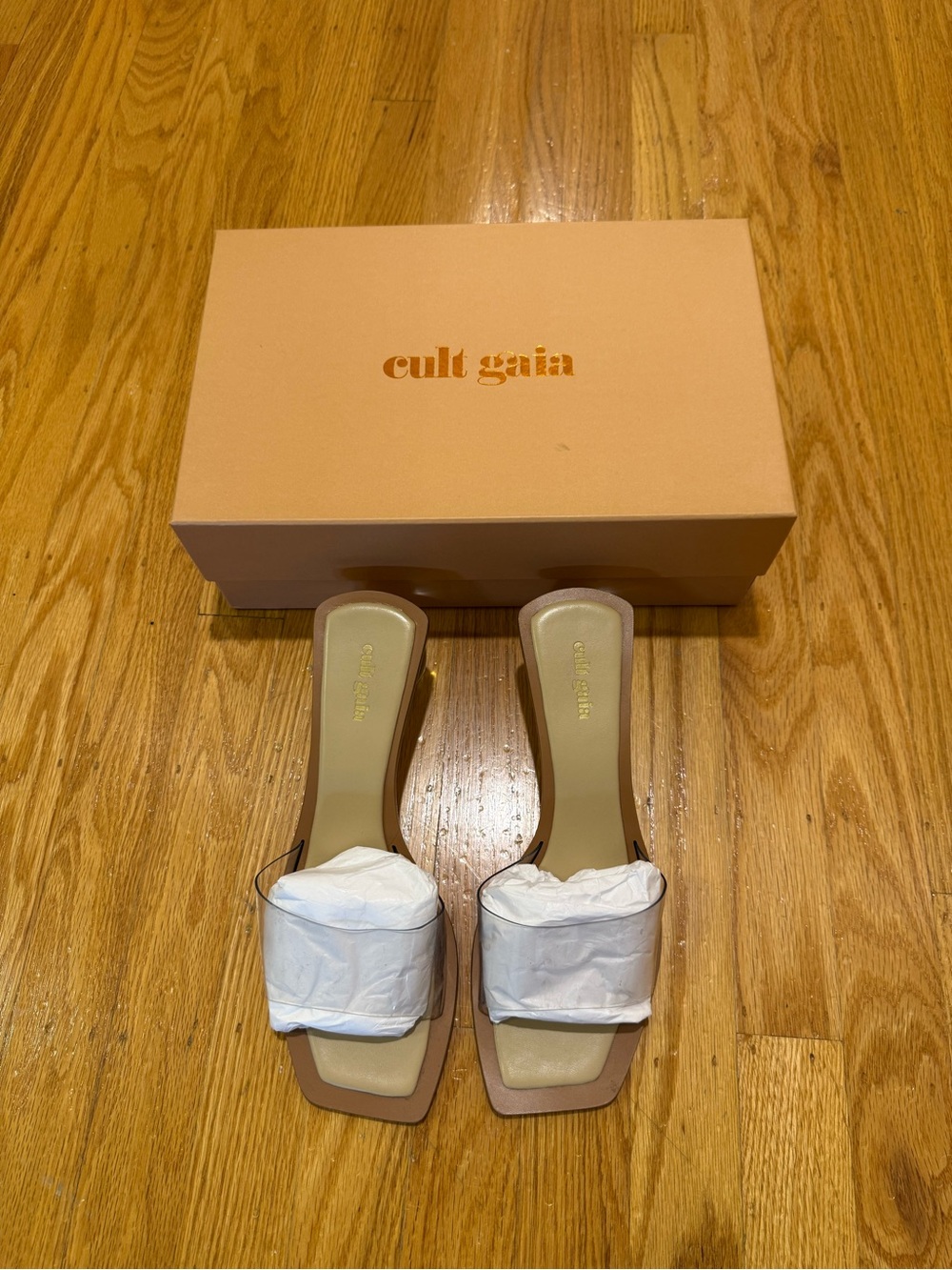 Cult Gaia Nude Clear Strap Square-Toe Slide Mules